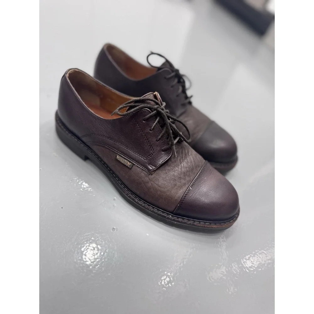 MEPHISTO Men's Brown Leather Cap Toe Lace-Up Derby Dress Shoes Round Toe